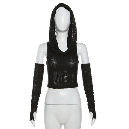 Sexy gothic teachwear Crop Top hooded Women Aesthetic T-shirts Y2K Retro Hooded Tops Streetwear Punk Tee Shirt Hottie clothes