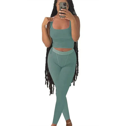 Lounge Wear Ribbed Casual 2 Piece Summer Shorts Set For Women Sleeve Top+Elastic Leggings Outfits army green