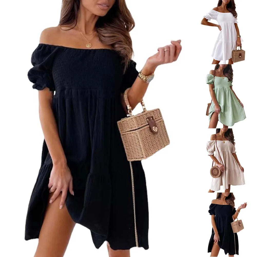 New Short Sleeve Off The Shoulder High Waist A-Line Pleated Dress Sexy Club Outfits Solid Color Summer Dress Women 2025