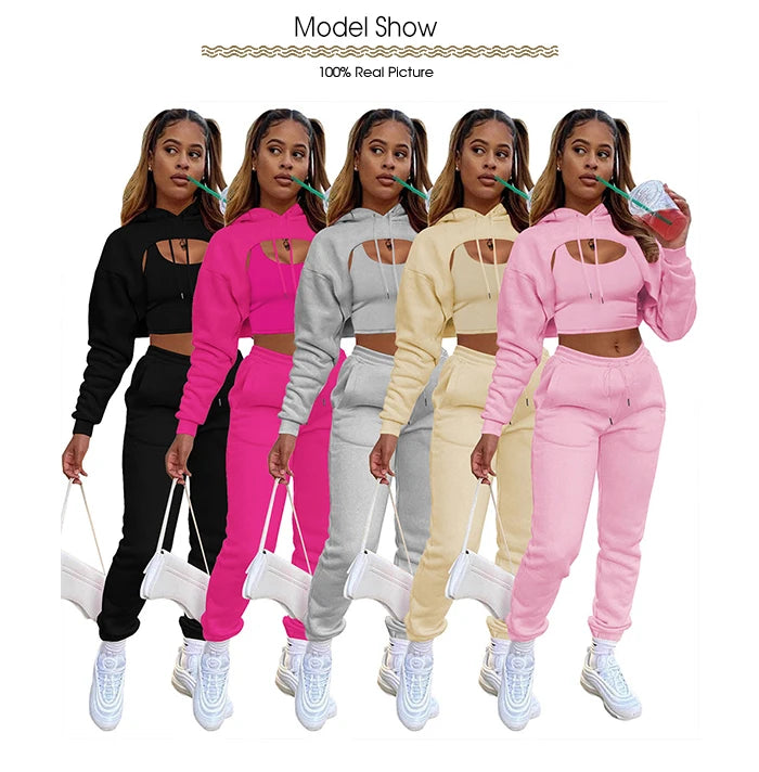 Women 3 Pieces Sets Sweatpants and Hoodie Set Cropped Tops Fleece Pants Suit Tracksuit Fitness Sport Jogger Outfit Clothing