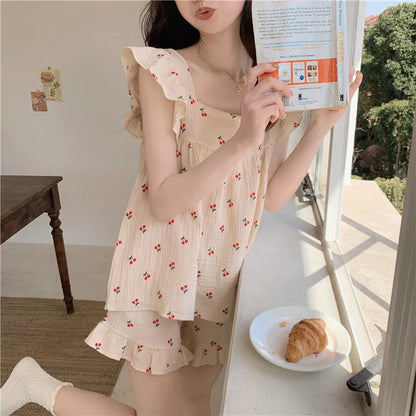 Summer Pajamas Loungewear Set Women's Summer Suspender Pajama Set Student Vest Shorts Foam Insy Style Two-Piece Loungewear Set