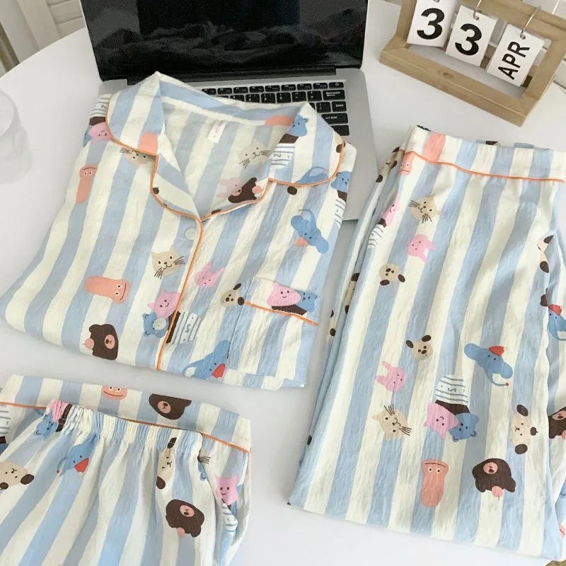 Summer Cloud Cotton Spwear Set Women's ort Sve Long Pants Home Clothes Cartoon Print Comfortable Breathable Nightgown Cz three-piece setCartoon stripes