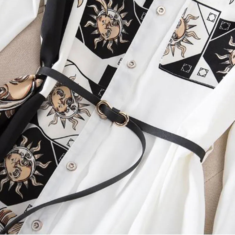 Print Vintage A-Line With Belt Loose Polo Neck Women's Dress Single-Breasted Knee Length Dresses For Women Clothing 2024 Fashion