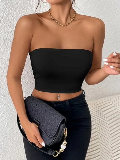 Women's Sexy Solid Stretchy Bodycon Crop Tube Top - Casual Every Day Tops for Stylish Comfort black