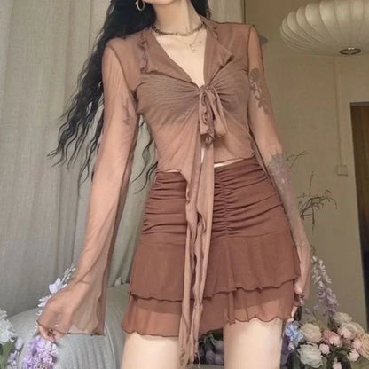 Long Flare Sleeve Sexy Sweet Hot Girls Korean Blouses for Women Lace-up Mesh Fashion Style All-match Solid Design Elegant Casual Coffee One Size