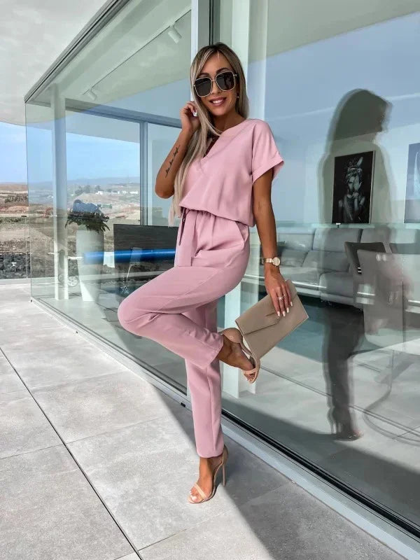 Jumpsuit Women 2023 Solid Color Short Sleeve V-neck Pocket Lace-up Pencil Long Pants Jumpsuits Summer Outfits Bodysuits Badiee Stylez