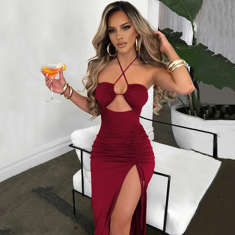 Sleeveless Sexy Female Midi Backless Dresses Slim Night Club Party Women's Dress Bodycon Vestidos Elegantes Para Mujer Burgundy