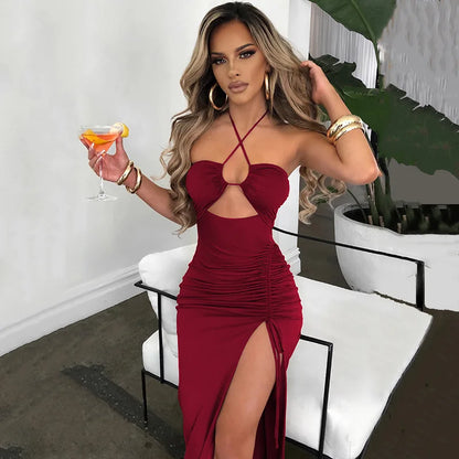 Sleeveless Sexy Female Midi Backless Dresses Slim Night Club Party Women's Dress Bodycon Vestidos Elegantes Para Mujer Burgundy