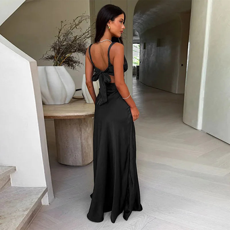 Tornova Deep V neck Hollow Long Dress Female Sleeveless Slit Beach Vacation Dress Solid Color High Waist Bodycon Women's Dress