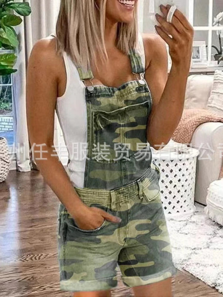 Women Rompers Jeans Jumpsuits One Piece Overalls Washing Denim Shorts Button Loose Casual Pockets Knee Length 2024 Summer camouflage