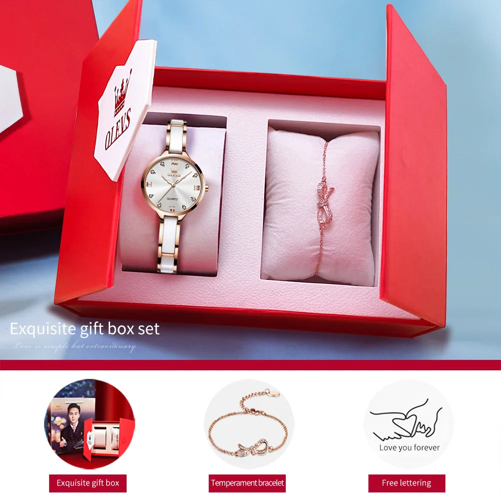 OLEVS 5872 Women Watch Elegant Luxury Original Quartz Watch Waterproof Luminous Ceramic Strap Watches For Women Bracelet Set