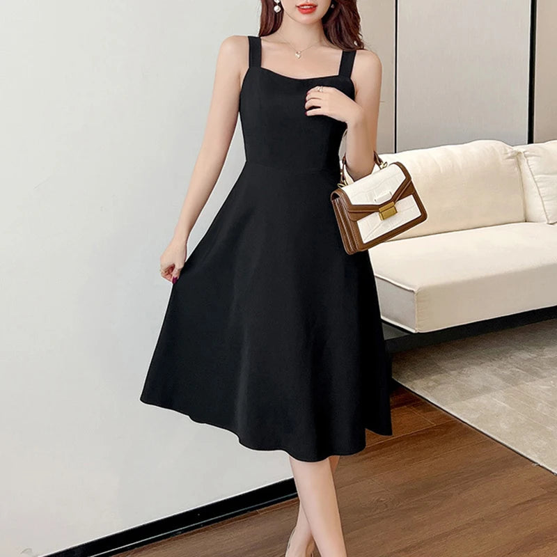 Elegant Black Midi Strapless Dress French Style Birthday Party Slimming Fit Pure Desire Design  Polyester Fiber