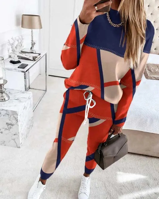 Women Casual Two Piece Sets Fashion Geometric Print O-Neck Long Sleeve Tops and Drawstring Pencil Pants Sets Office Lady Outfits Badiee Stylez