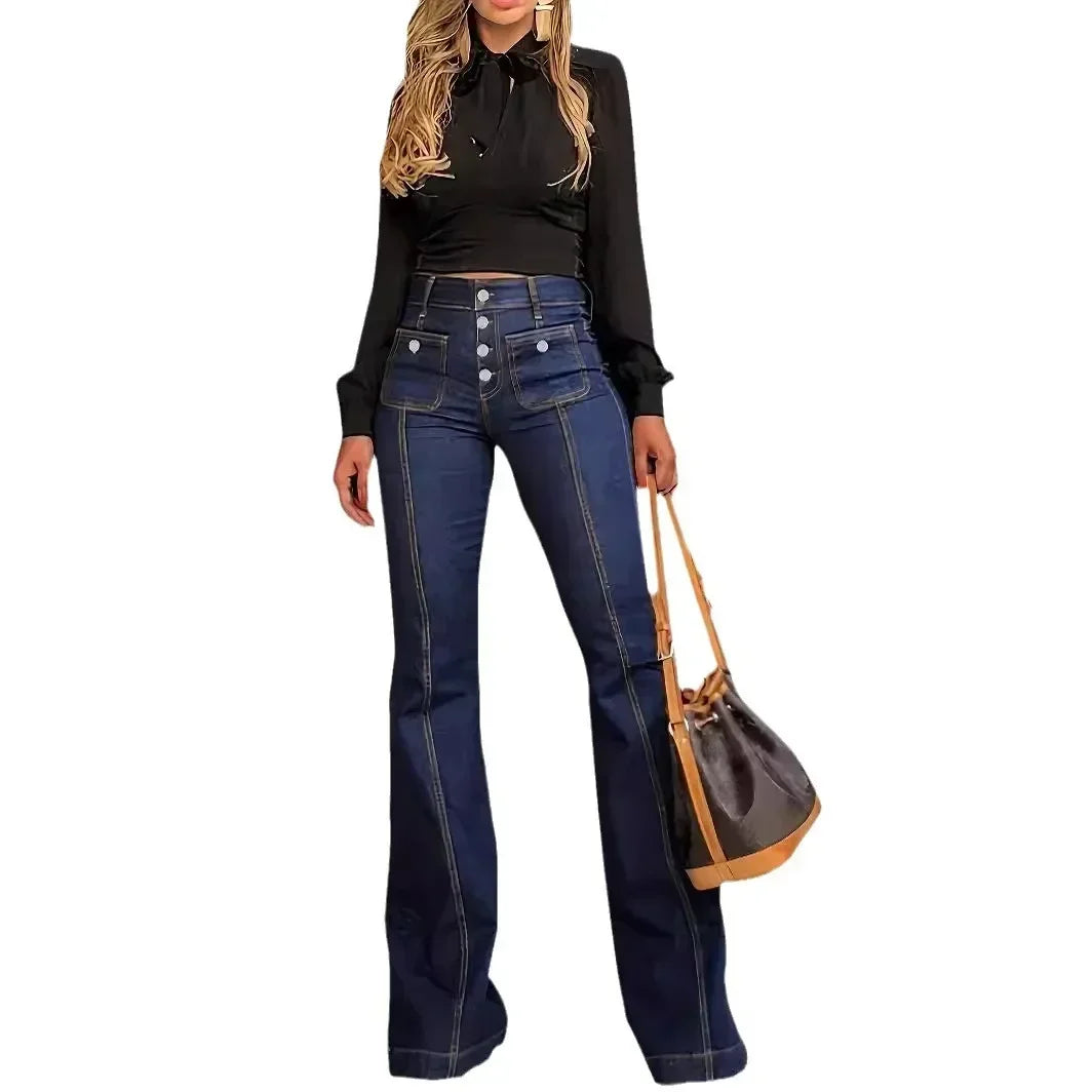 Flare Pants Women Mom Jeans Vintage Wide Leg Pants Denim High Waist Holes Pockets High Street Work Party Club Jeans Elegant Y2k