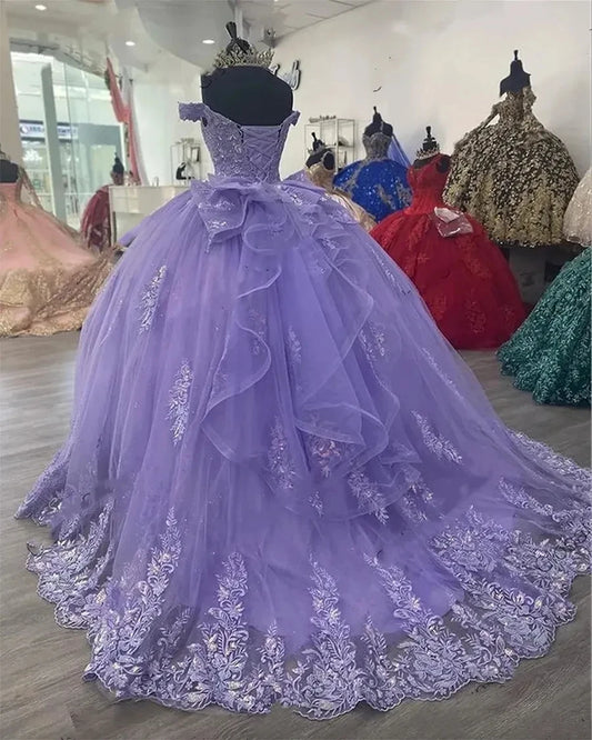 ANGELSBRIDEP Shiny Lavender Quinceanera Dresses With Bow Floral Lace Off-Shoulder Vestidos De 15 Anos Birthday Party Customized Badiee Stylez