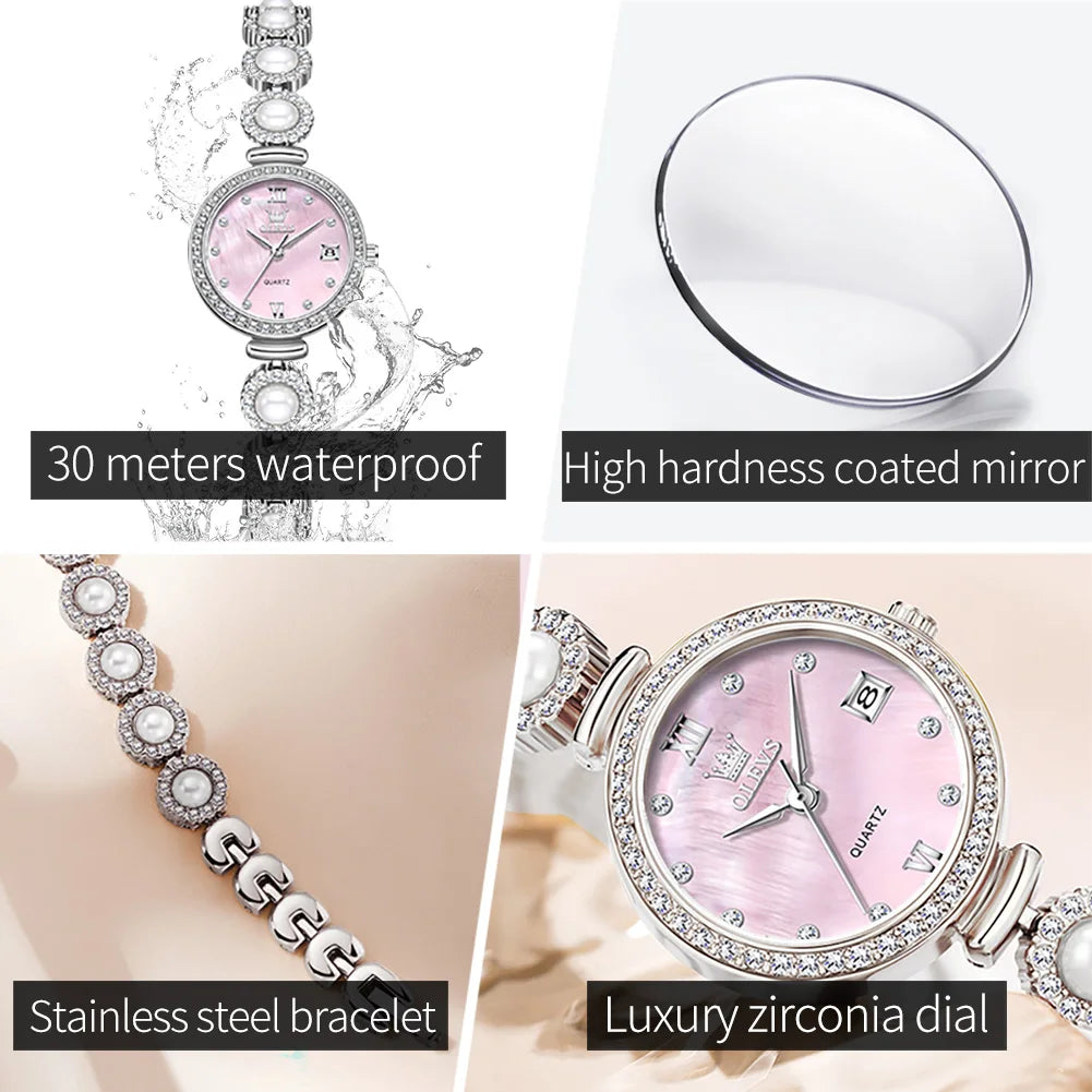 OLEVS 5635 Fully Diamond Pearl Hand Chain Watch Fashion Elegant Waterproof Women's Watches Original Quartz Wrist Watch for Women