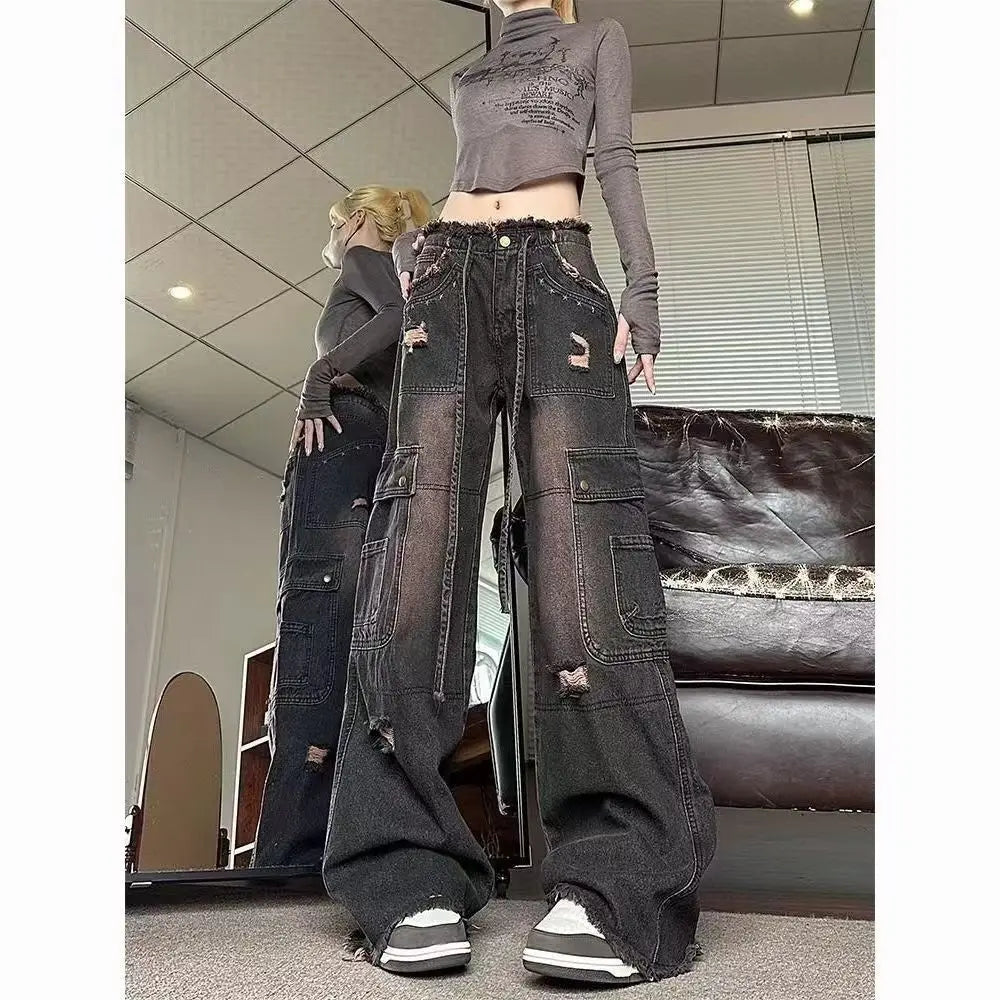 Women Clothing Black Gothic Jeans Pink Cross Y2k Oversize Loose Aesthetic Denim Trousers Harajuku Korean 2000s Jean Trashy Pants J