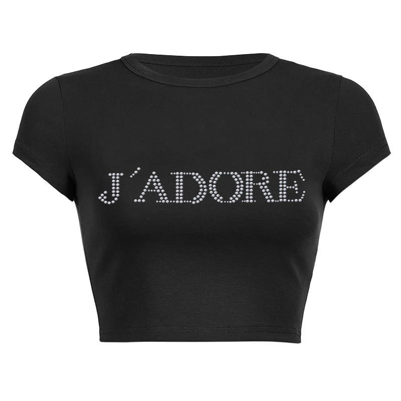 J'ADORE Letters Rhinestone Summer Crop Tops Black Y2k Streetwear Sexy Short Sleeve Tight Tshirts For Women Slim 2000s Clothes tz082-black