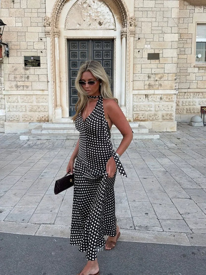 Trendix Polka Dot Print Backless Dress Women Summer Sexy Deep V Neck Sleeveless Off Shoulder Maxi Dresses Elegant Evneing Dress