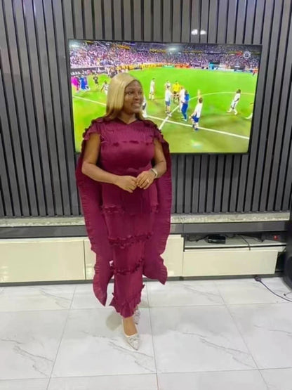 EGRM Miyake Solid Pleated French Three-dimensional Fungus Edge Cake Dress Women's Loose Long Dresses 2025 Summer New 6R8109 Red One Size