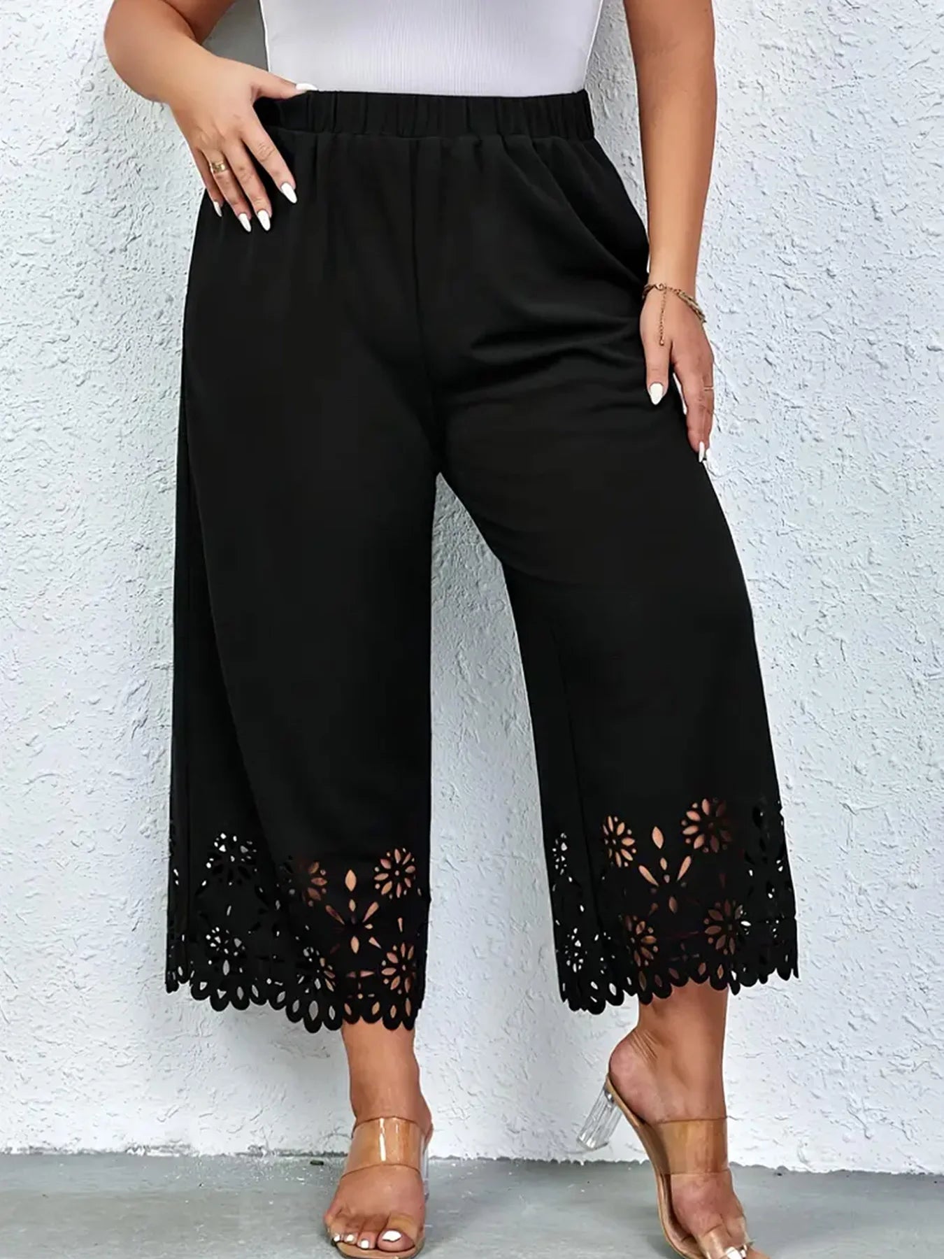 Women's 2024 summer new plus size knitted fabric elegant temperament hollow wide leg pants