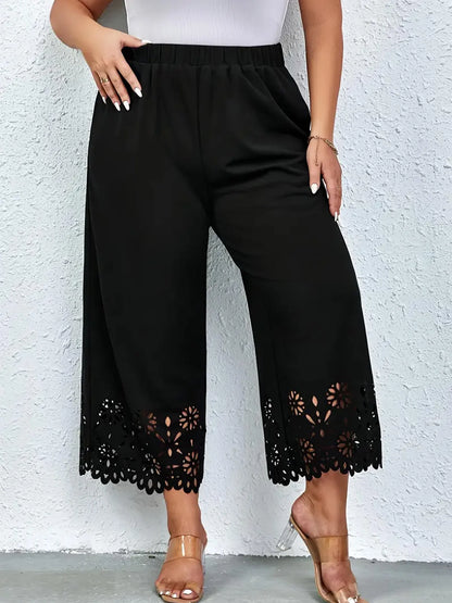 Women's 2024 summer new plus size knitted fabric elegant temperament hollow wide leg pants