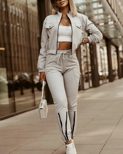 Women's Spring Summer New Fashionable Zipper Design Long Sleeve Top+Drawstring Pants Casual Two Piece Pants Set