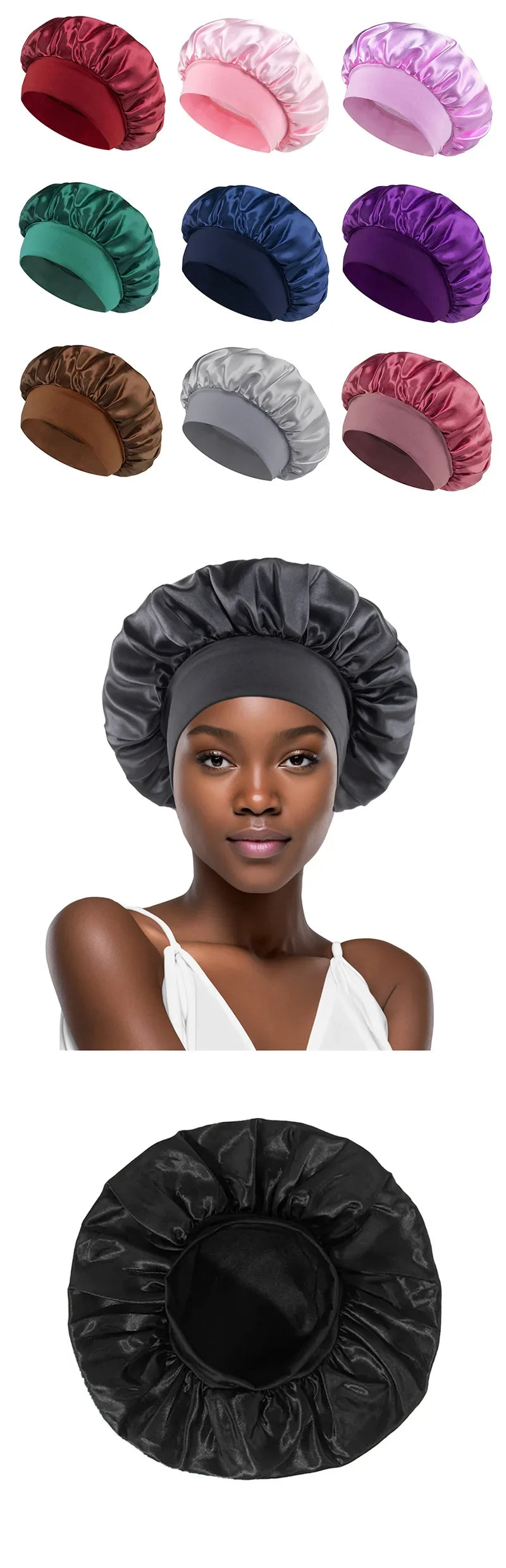 Women Satin Bonnet Hair Bonnet for Sleeping Hair Care Silk Bonnets Solid Wide-brimmed Sleeping Hat with Elastic Soft Band Badiee Stylez