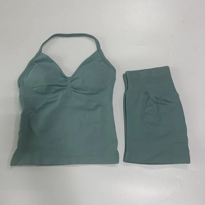 No Logo 2Pcs Gym Set Women Backless Tank Tops High Waist Scrunch Seamless Shorts Gym Suit Fitness Clothes Activewear Workout Set Badiee Stylez