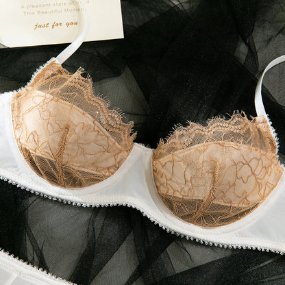 French Satin Lace Bra And Thong Set Sexy Ultrathint Lace Patchwork Lingerie Two Picec Sets Fancy Erotic Intimate Underwear Suit