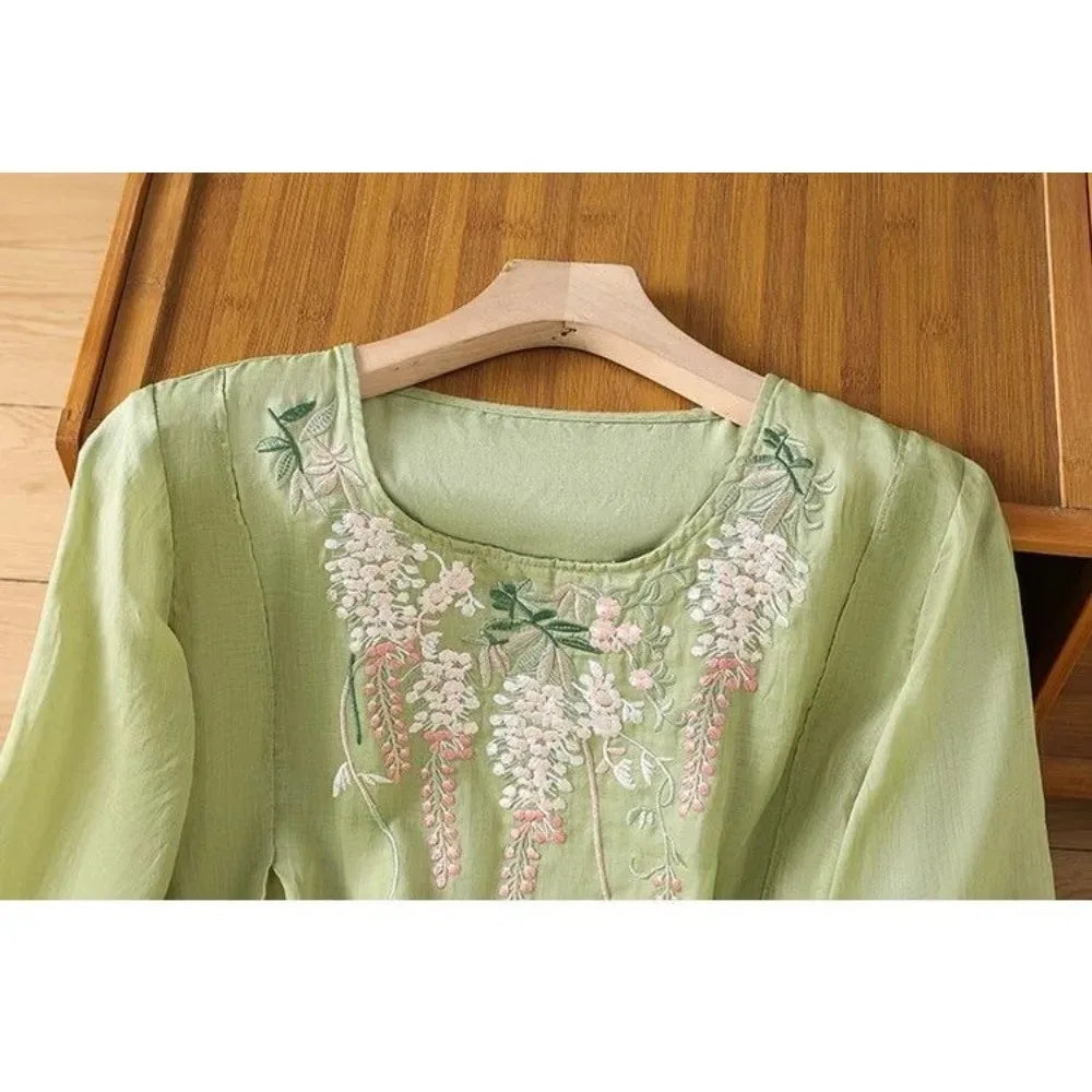 Thin Streetwear Vintage Clothes Ethnic Style Cotton Linen Shirts for Women Clothing Top Tshirt Tees Fashion Casual Embroidery