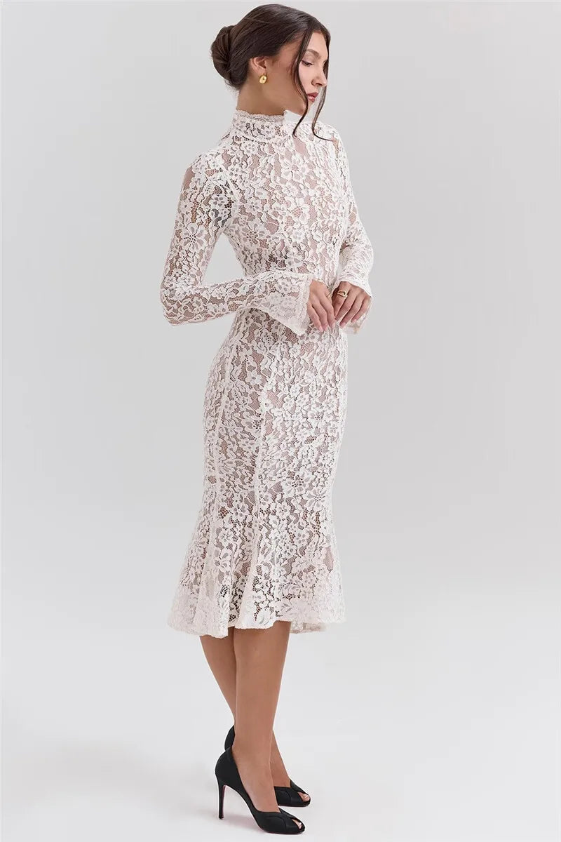 Mozision Lace Long Sleeve Sexy Midi Dress For Women Elegant White Half High Collar High Waist Bodycon Club Party Sexy Long Dress