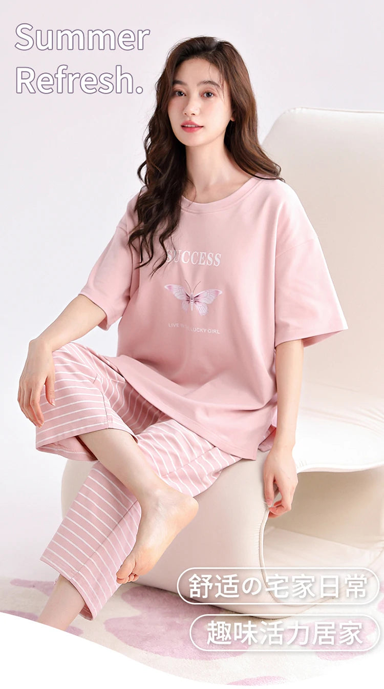 Newest Summer Casual Pajamas Set Women 100% Cotton Sleepwear Female Short Top+Calf-Length Pant Pyjamas