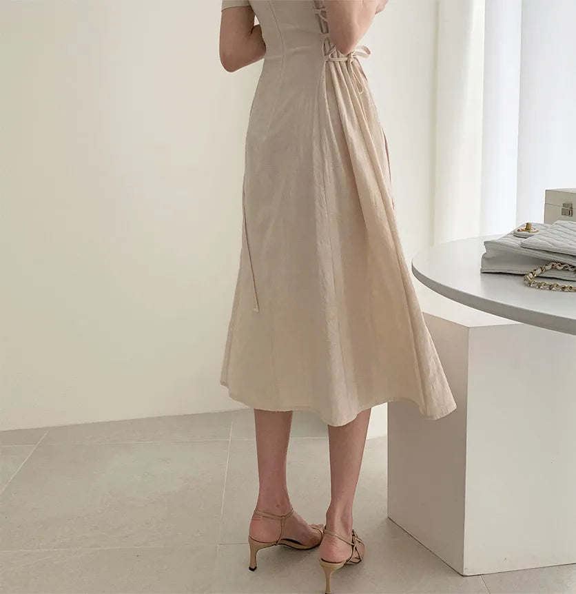 Cotton Linen Dress Long New Hot Sales Woman Short Sleeve Solid Retro Vintage Long Dresses