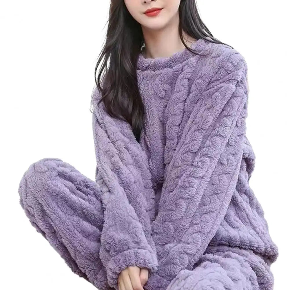 Women Warm 2 Piece Sets Thicken Soft Velvet Ribbed Fleece Set Pullover And Pants Casual Pajama Sets Women Autumn Winter 2023 PURPLE