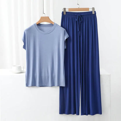 Modal Loose Homewear set O-neck Tshirts short sleeves and Wide leg pants Casual streetwear suit all match SkyNavy