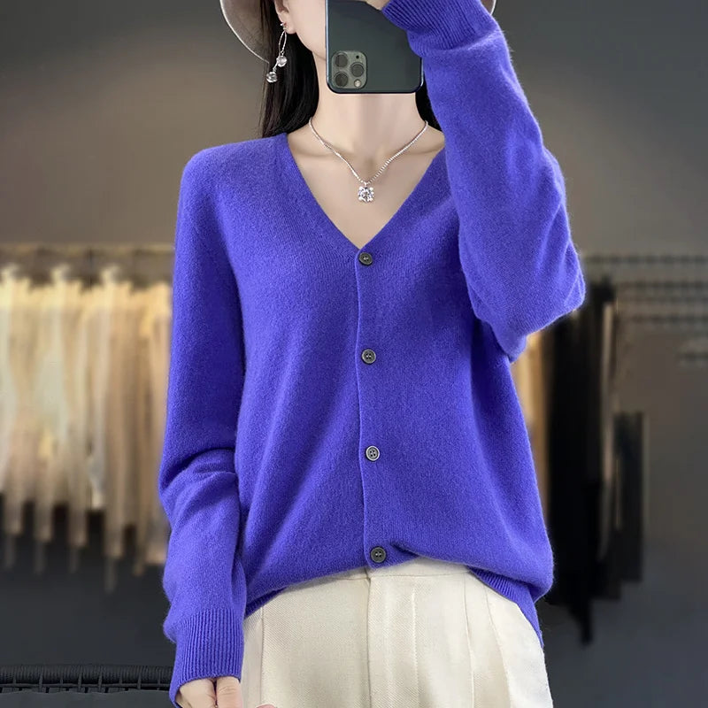 100 Merino Wool Knitted V-neck Sweater Women's Top Loose Korean Version Fashionable Versatile Autumn And Winter Cashmere Sweater WQ015 changchunlan
