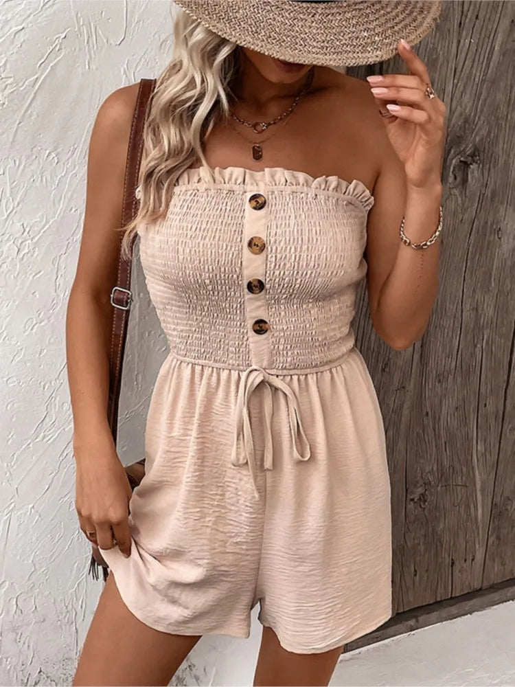 Summer Fashion Splicing Women's Solid Color Sexy Sleeveless Bra Button Tie Waist Casual Comfortable Jumpsuit Shorts 3/4
