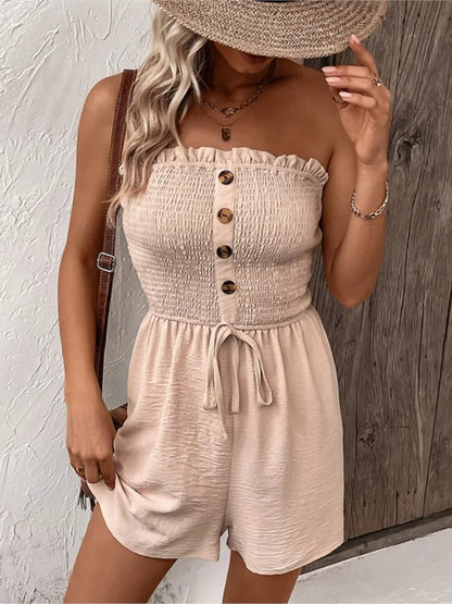 Summer Fashion Splicing Women's Solid Color Sexy Sleeveless Bra Button Tie Waist Casual Comfortable Jumpsuit Shorts 3/4