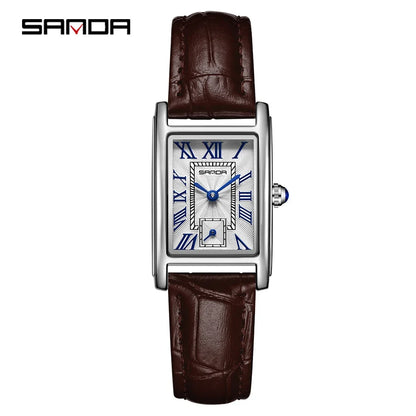 SANDA 1116 Quartz Watch Women Elegant Design Rectangle Dial Watches Waterproof Pointer Leather Business Ladies Wristwatches P Coffee Silver
