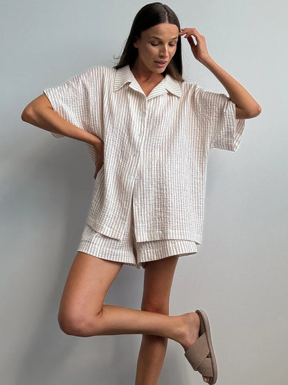 Hiloc Elegant Cotton Stripe Shorts Suits Pajamas Summer Short Sleeve Blouse With Elastic Waist Shorts 2 Piece Sets Home Outfits