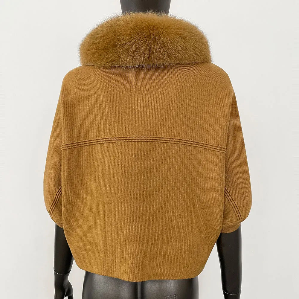 FURYOURSELF 2025 New Real Fox Raccoon Fur Collar Coat Knitted Sweater Women Short Sleeve Jacket Thick Warm Outerwear streetwear