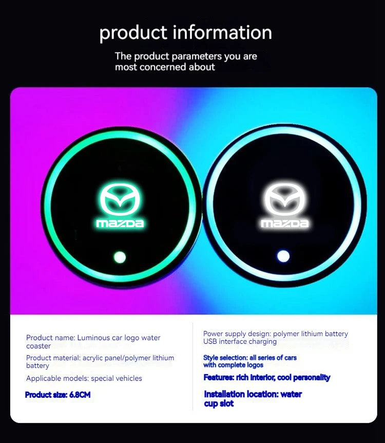 2PCS Car LED Water Cup Mat Drink Holder For Mazda MS Speed CX4 Atenza Axela MX5 CX7 CX5 CX9 RX8 CX30 Bt50 Badiee Stylez