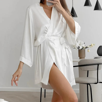 Women Wedding White Bride Robe Morning Gown 3/4 Sleeve Sleepwear Loose Nightgown Female Silk Satin Kimono Bathrobe Lingerie