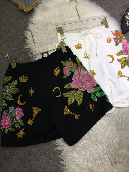 Oversized rhinestone diamond high-waisted black adjustable waist wide leg slacks Women's shorts