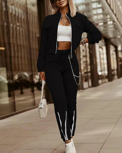 Women's Spring Summer New Fashionable Zipper Design Long Sleeve Top+Drawstring Pants Casual Two Piece Pants Set black