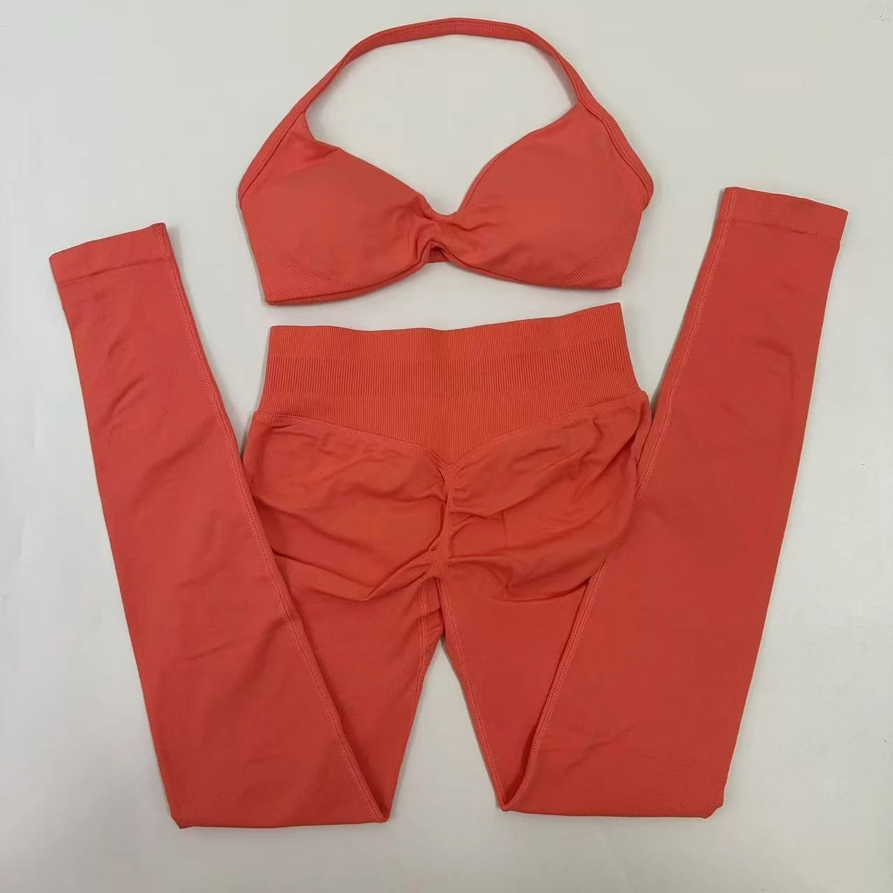 No Logo Seamless Yoga Set Women Workout Scrunch Leggings Set Strappy Halter Sports Bra Fitness Gym Clothing Workout Set 2 Pieces Badiee Stylez