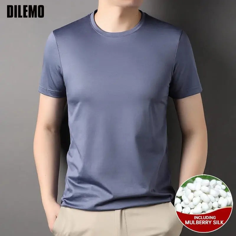 Top Grade 1.7% Mulberry Silk New Brand Tops Round Neck t Shirts For Men 2025 Summer Short Sleeve Casual Fashion Mens Clothing