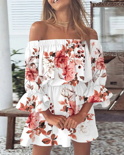 Women Sexy Top Summer Off Shoulder Floral Blouses Women 2023 Boho Casual Backless Blouse Female Holiday Slash Neck Tops Clothing Pink