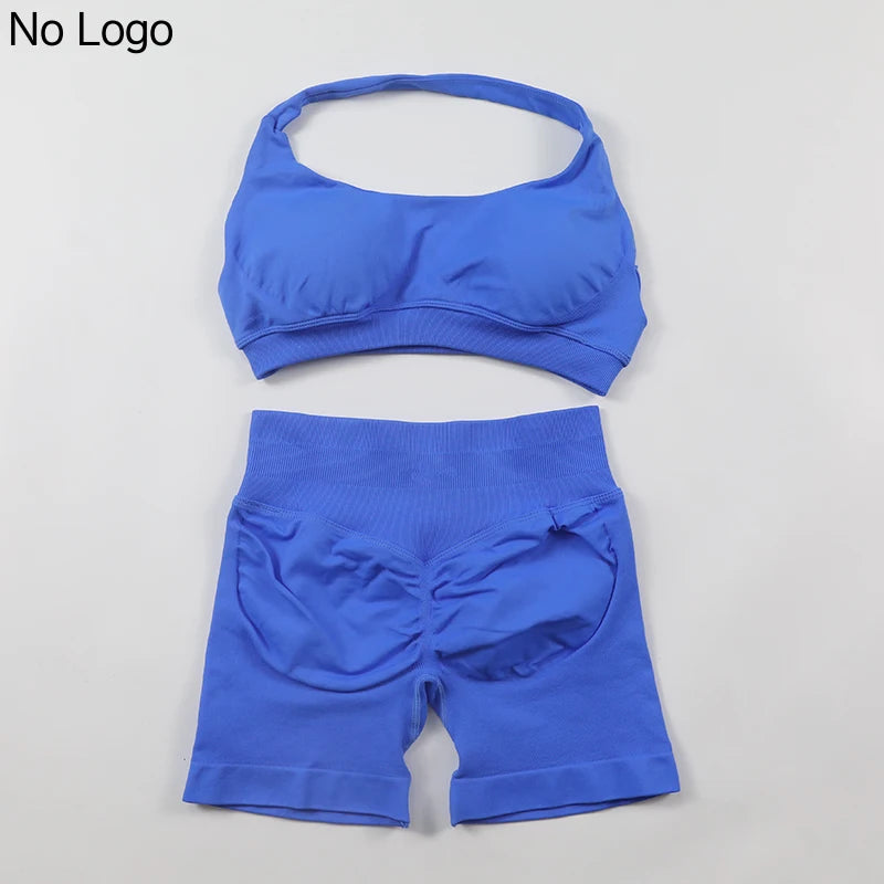 Fitness Shorts Sets Seamless Yoga Set Women 2Pcs Halter Sports Bra Scrunch Butt Gym Shorts Set Workout Clothes Summer Sportswear Badiee Stylez
